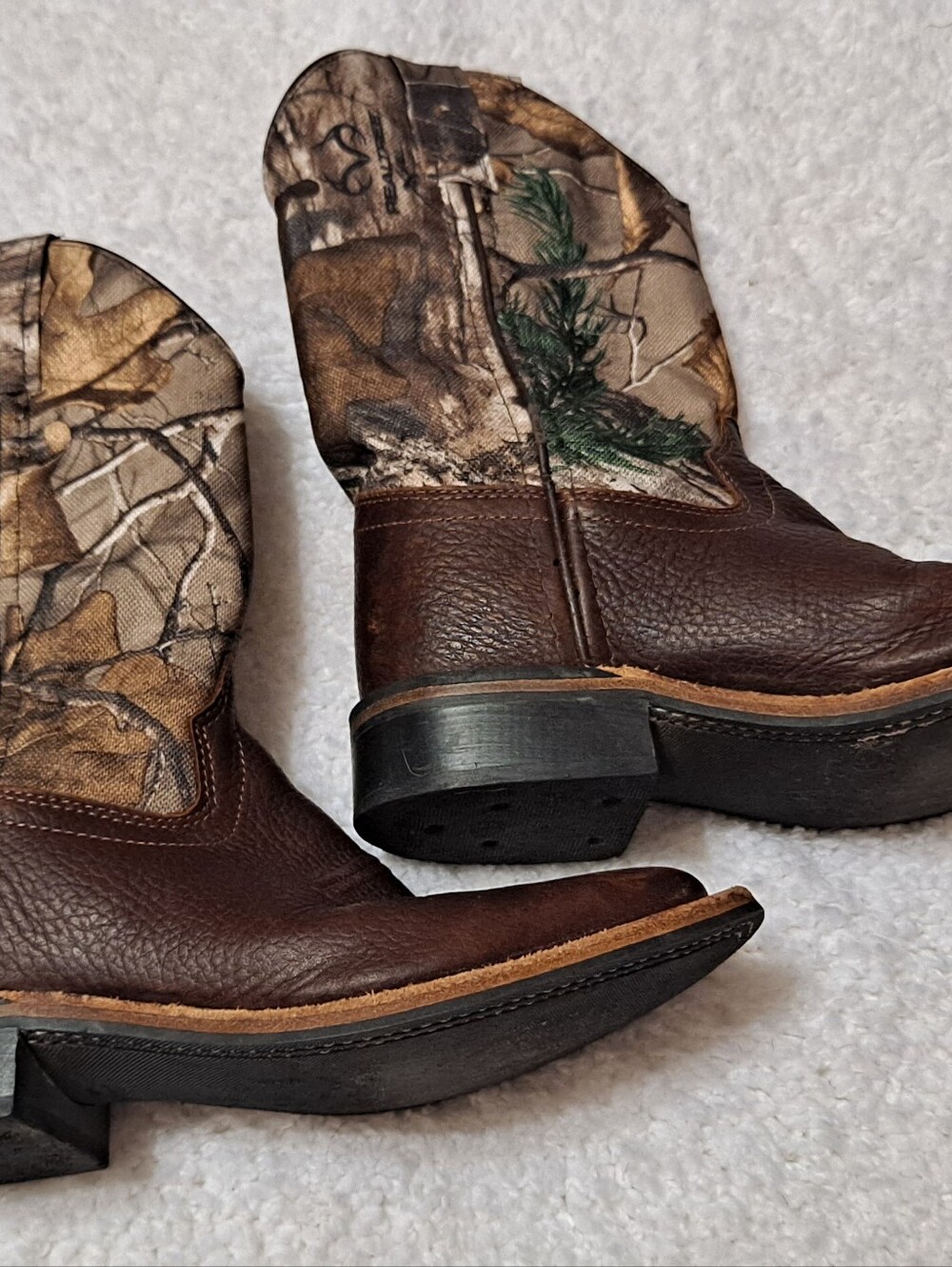 Old West Camo Shaft Brown Leather Cowboy Boots Sz Oys Sz 1 D